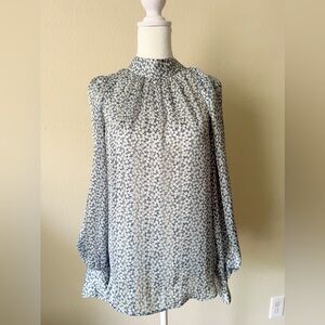 H&M Blue and White Blouse with Mandarin Collar and Bishop Sleeves